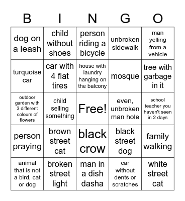 Streets of Cairo Scavenger Hunt Bingo Card