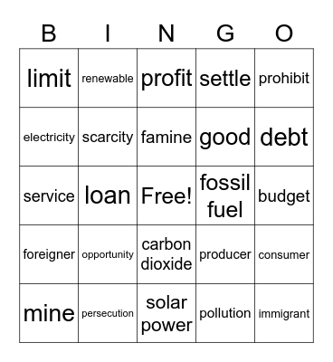 Humanities GP5 Vocabulary Review Bingo Card