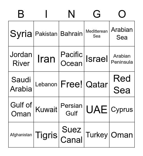 Middle East Bingo Card