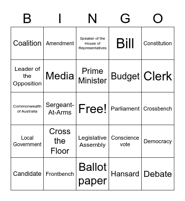 Political Involvement Glossary Bingo Card