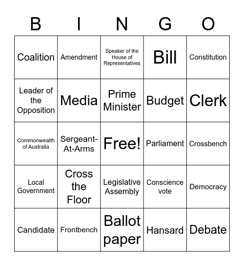 Political Involvement Glossary Bingo Card
