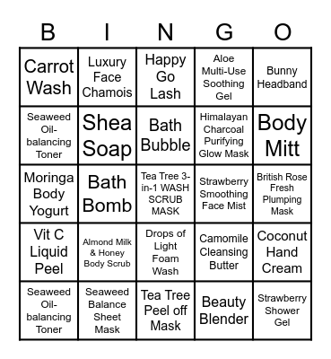 Pamper Party Bingo Card