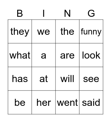 Sight words Bingo Card