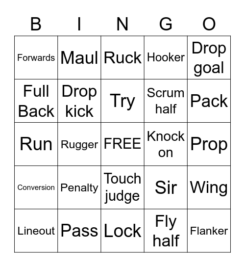 Rugby Bingo Card