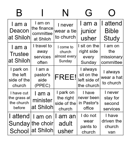 Shiloh Bapitst Church Bingo Card