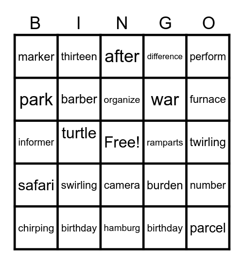 spelling words Bingo Card