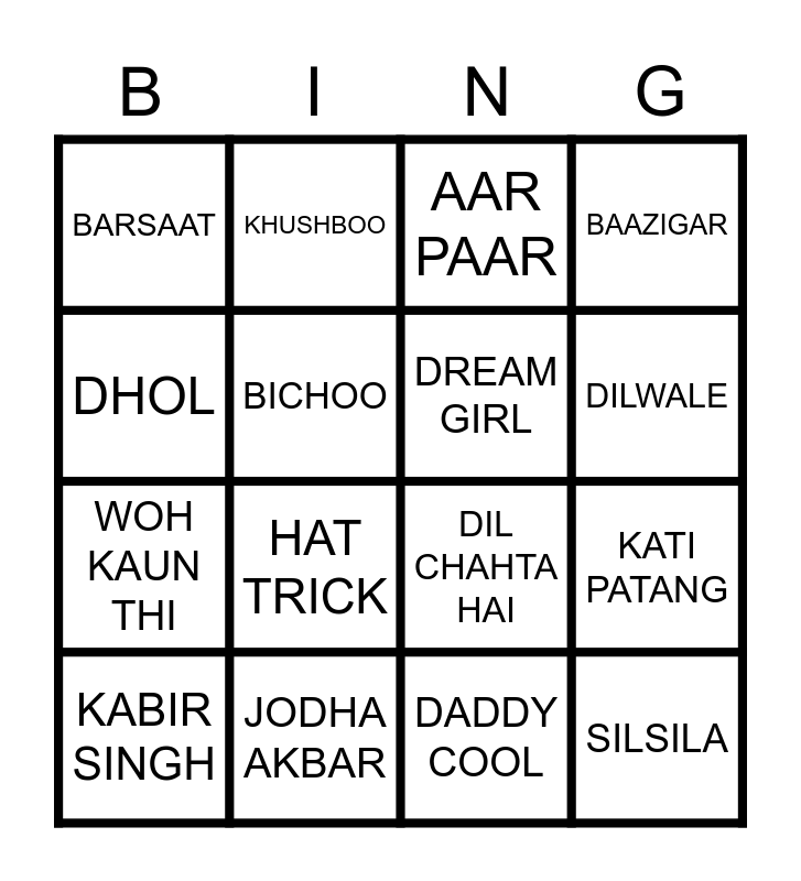 Bollywood Bingo Card