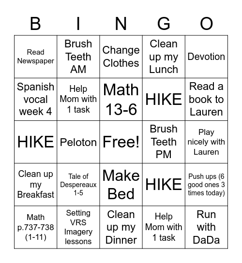 Monday Bingo Card