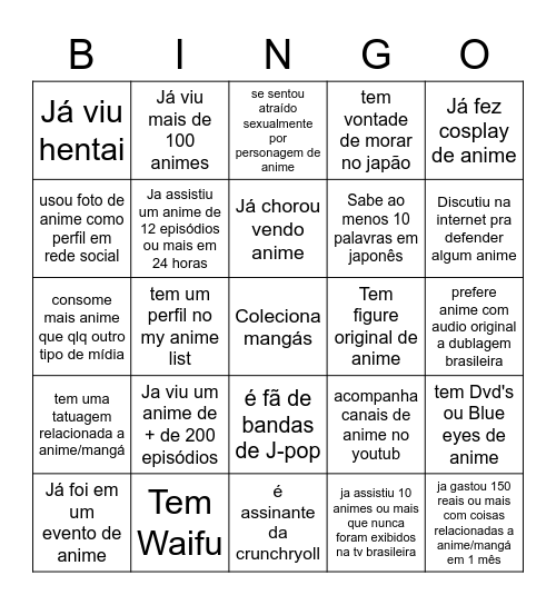 Bingo Otaku Bingo Card
