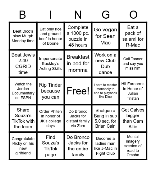 Bronco Boy Bingo Card