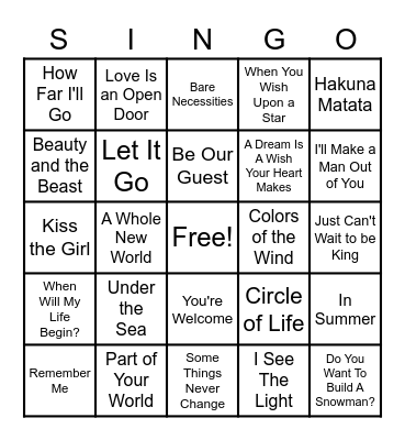 Disney Singo Bingo Card