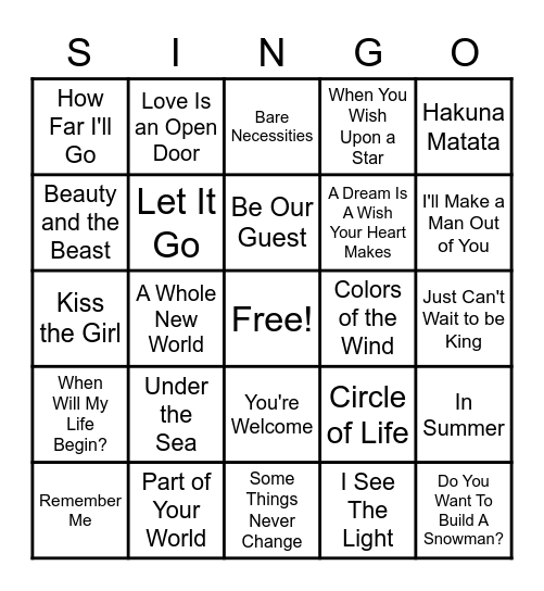 Disney Singo Bingo Card