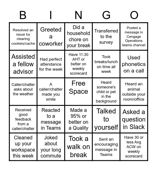 Cengage WFH Bingo Card