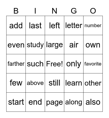 2nd Grade Sight Words Bingo Card