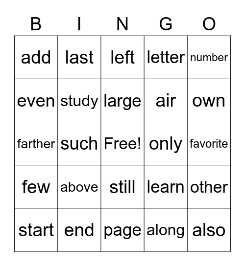 2nd Grade Sight Words Bingo Card