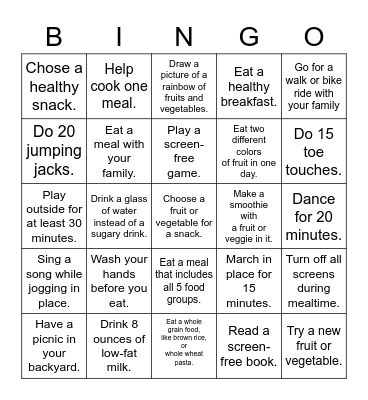 Healthy Choices Bingo Card