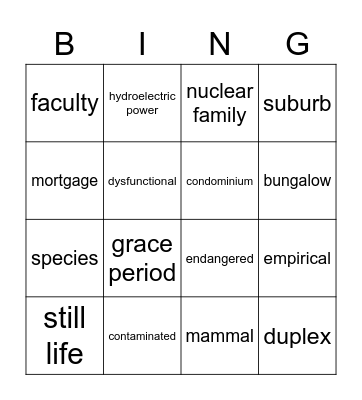 Vocabulary Review Bingo Card