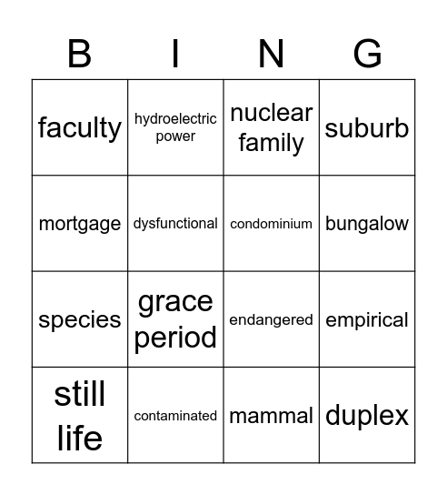 Vocabulary Review Bingo Card