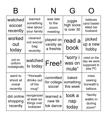 UP women’s soccer Bingo Card