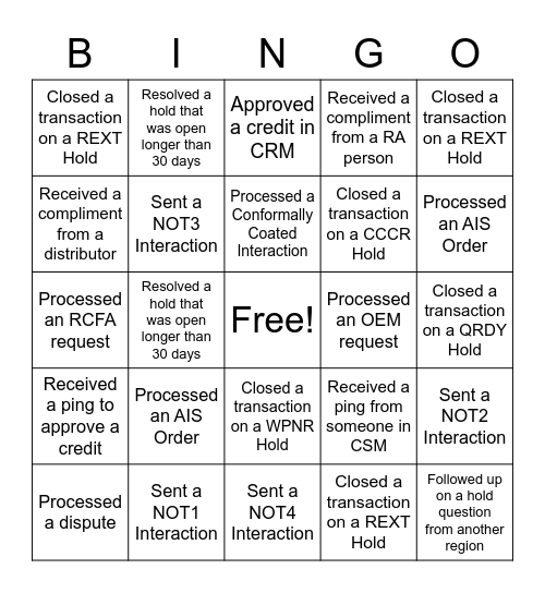 Back Office Bingo Card