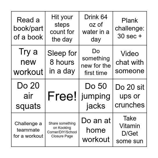 Wellness Bingo - Week of 4/20 Bingo Card
