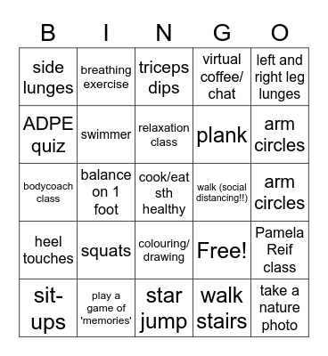 Lockdown Activity Challenge Bingo Card