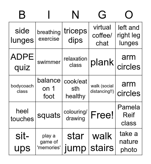 Lockdown Activity Challenge Bingo Card