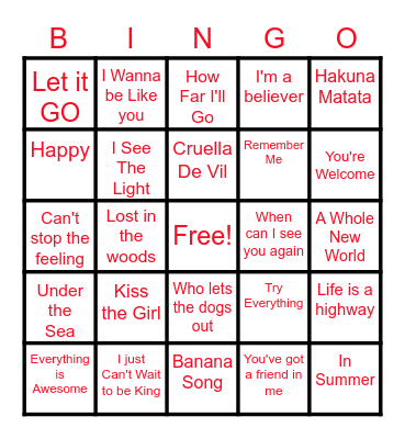 Disney Song Bingo Card