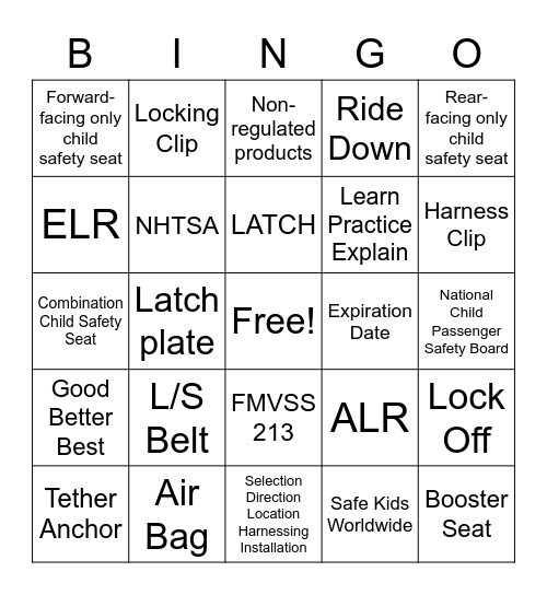 Child Passenger Safety Technician Bingo Card