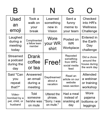 WR Marketing Team Bingo Card