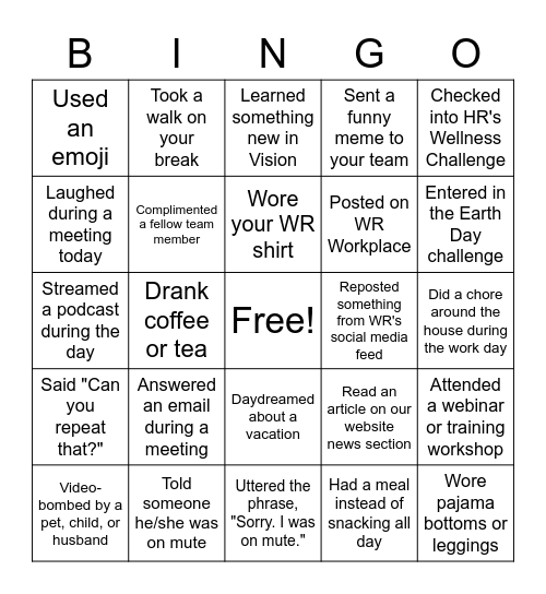 WR Marketing Team Bingo Card