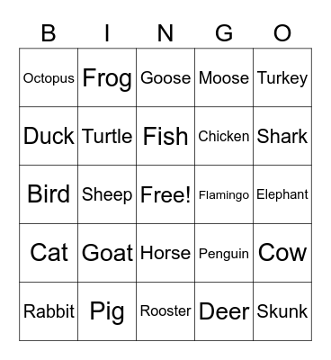 Animal Bingo Card