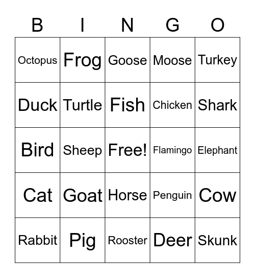 Animal Bingo Card