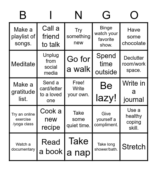 Hill Country Self-Care Bingo Card