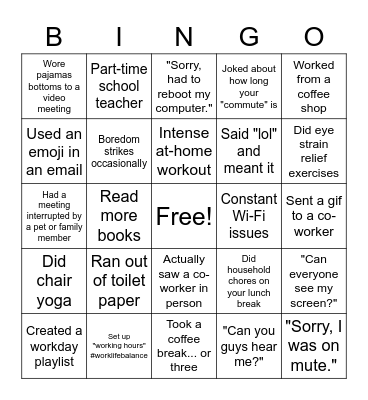 Remote Work Bingo Card