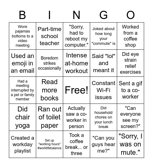 Remote Work Bingo Card