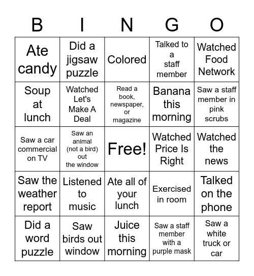 If you get bingo, let activity staff know! Bingo Card