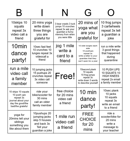 RCV Physically Cares Bingo Card