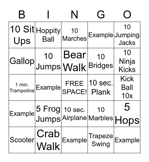 Gross Motor Bingo Card