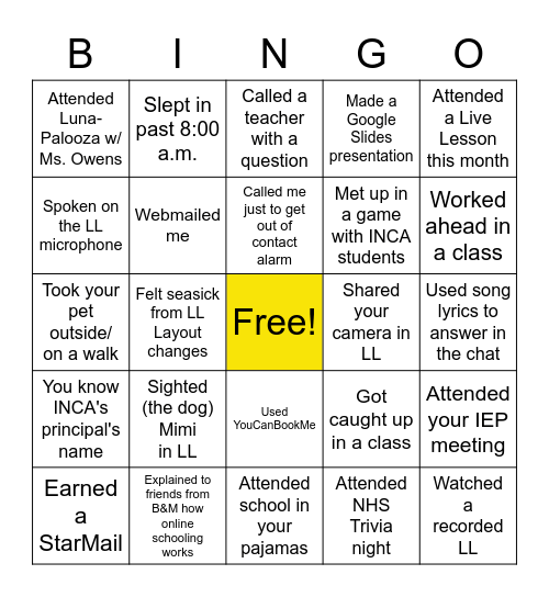 Ms. Elliott's Homeroom Bingo Card