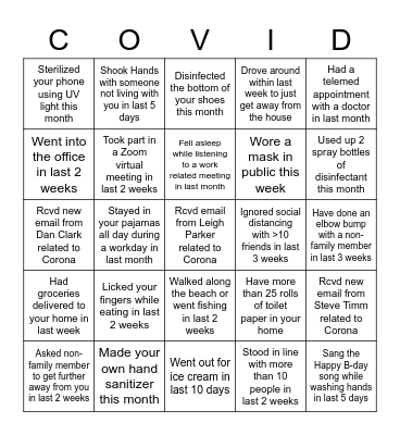 Home Quarantine Bingo Card