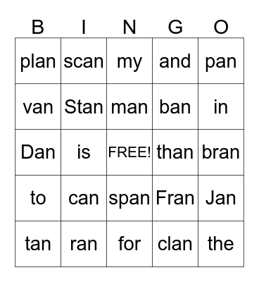 -an Word Family Bingo Card