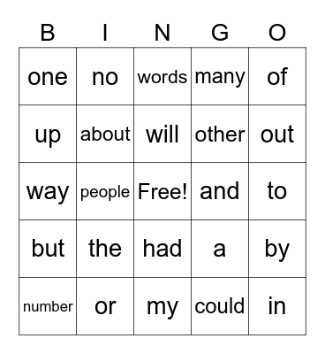 Sight Words Bingo Card