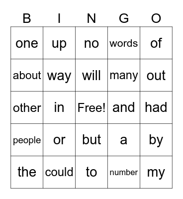 Sight Words Bingo Card