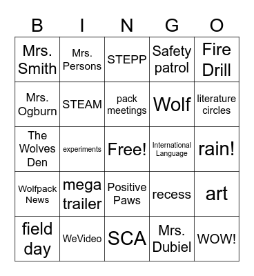 Mrs. Smith's Class 2019-20 Bingo Card