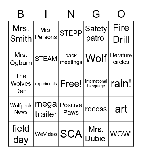 Mrs. Smith's Class 2019-20 Bingo Card