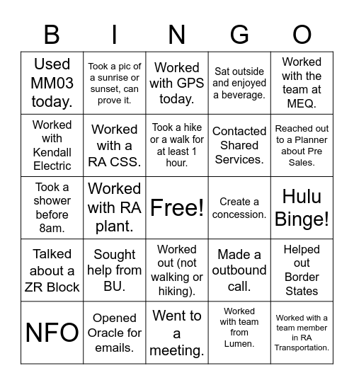 Order Support Bingo Card