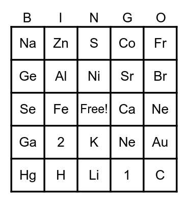 Periodic Table Bingo Card