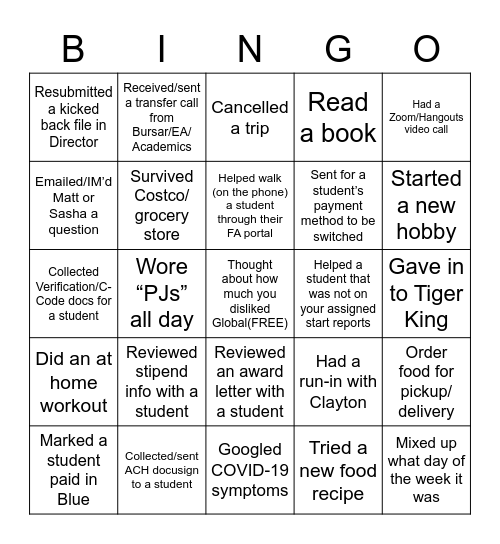 Work from Home/Covid-19 BINGO Card