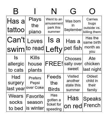 Planning Days Getting to Know You Bingo Card